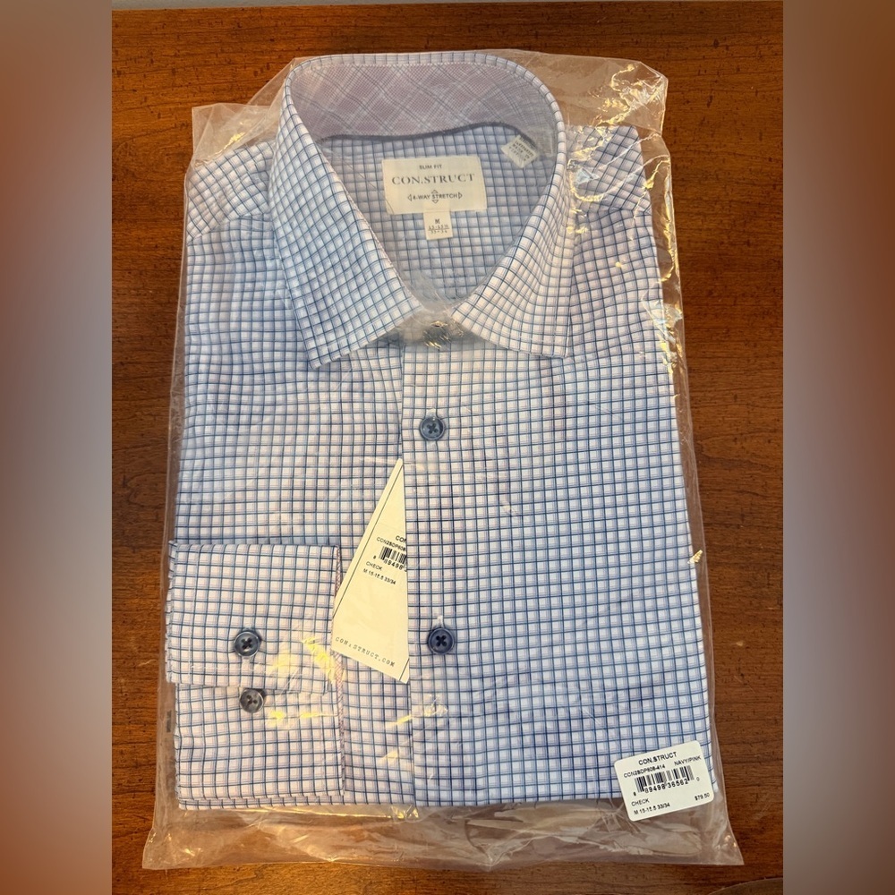 NET Con.Struct Men's Slim Fit 4-Way Stretch Dress Shirt in Navy/Pink Size M